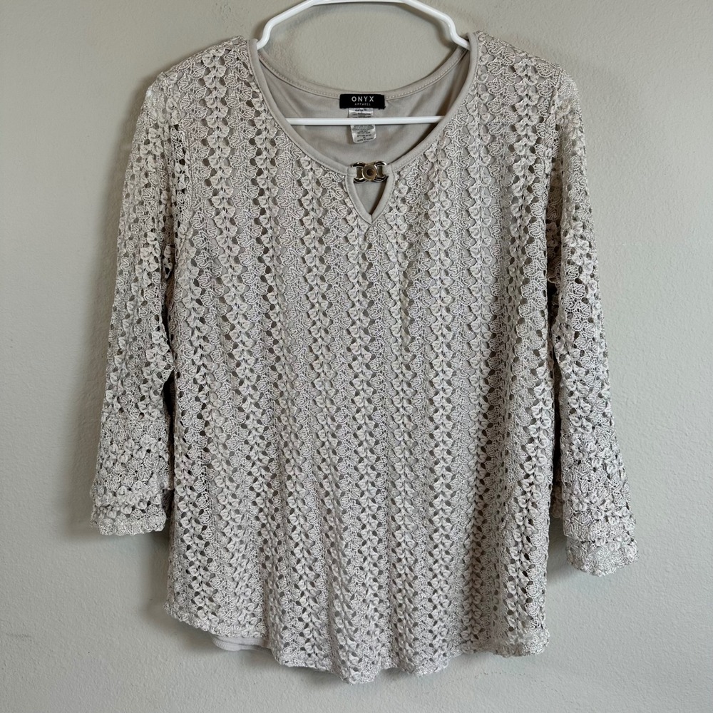 Onyx Apparel Beige Crochet Lace Top XL Lined‎ 3/4 Fairy Bell Sleeve Boho Blouse
